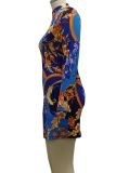 Синий сексуальный принт пэчворк отложной воротник юбка-карандаш платья