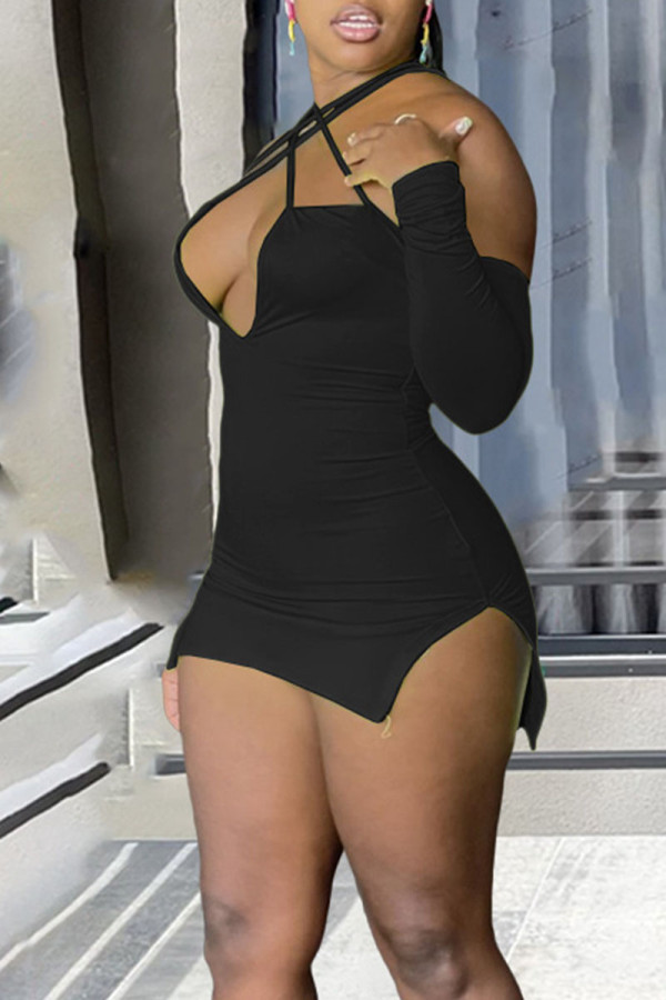 Negro sexy sólido patchwork hendidura correa de espagueti lápiz falda vestidos