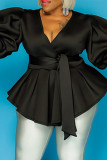 Tops de talla grande con cuello en V de vendaje sólido informal de moda negra