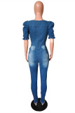 ベビー ブルー ファッション カジュアル ソリッド リップド スクエア カラー スキニー ジャンプスーツ