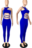 Blue Sexy Solid Patchwork Halter Skinny Jumpsuits
