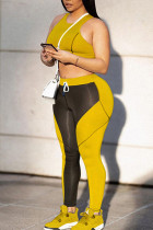 Gelbe, ärmellose Zweiteiler mit einfarbigem Patchwork-Kontrast-O-Ausschnitt und Sportbekleidung