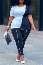 Black Casual Solid Split Joint O Neck Plus Size Two Pieces