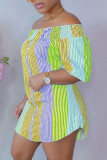 Paarse casual gestreepte patchwork off-shoulder rechte jurken
