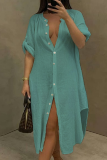 Голубое повседневное однотонное платье-рубашка в стиле пэчворк с отложным воротником Платья Платья