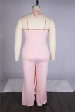 Pink Casual Solid Patchwork Halter Plus Size Jumpsuits