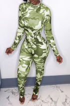 Grüne sexy Camouflage-Print-Patchwork-Half-A-Rollkragen-Skinny-Jumpsuits