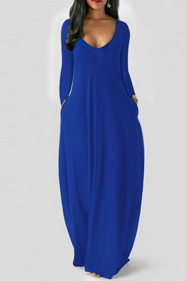 ブルー ファッション カジュアル ソリッド ポケット V ネック ロング スリーブ ドレス