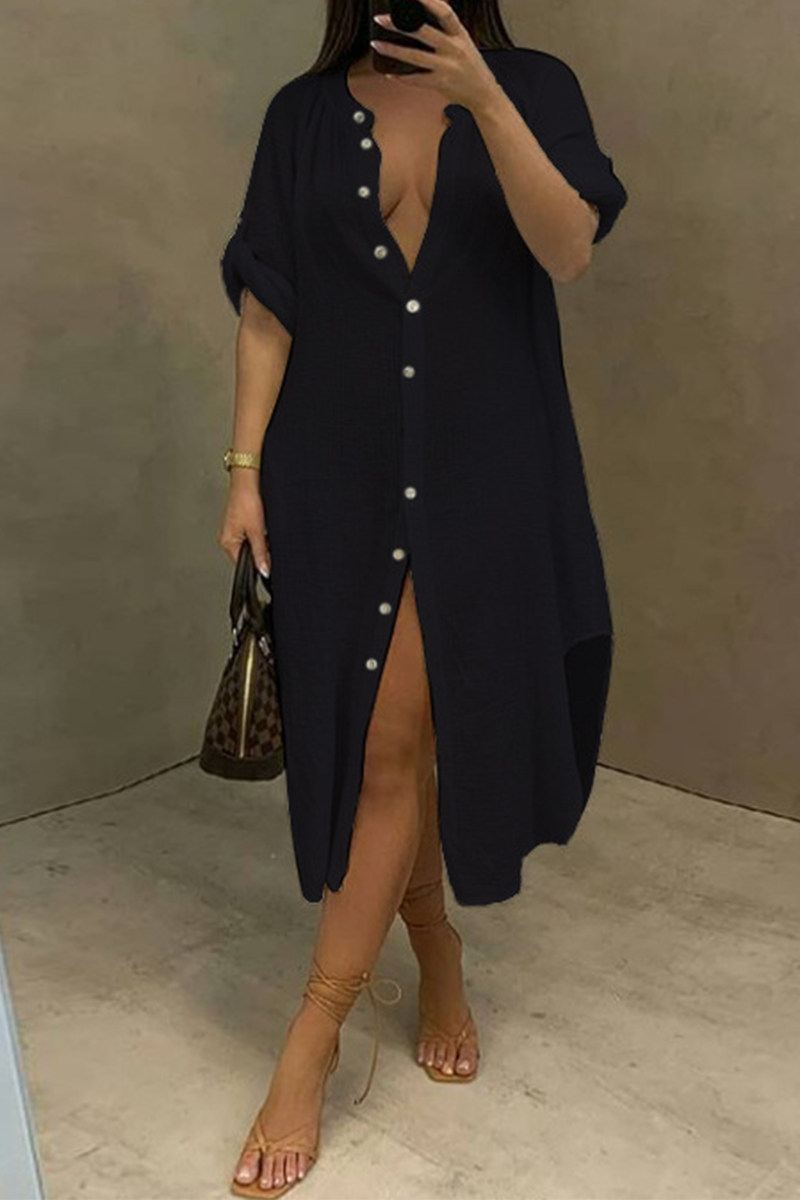 

Black Casual Solid Split Joint Turndown Collar Shirt Dress Dresses