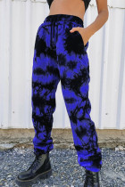 Donkerblauwe tie-dye patchwork harlan harlan broek met hoge taille en volledige print