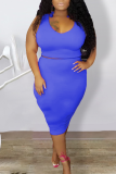 Blue Casual Solid Patchwork O Neck Pencil Skirt Plus Size Two Pieces