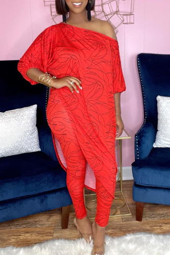 Red Casual Print Patchwork One Shoulder Half Sleeve Two Pieces