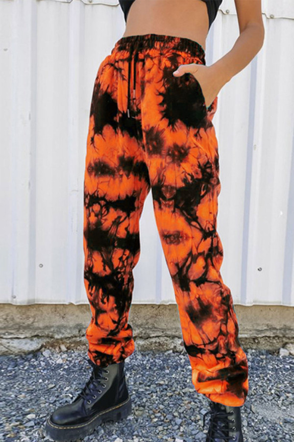 Oranje straatprint tie-dye patchwork Harlan hoge taille Harlan broek met volledige print