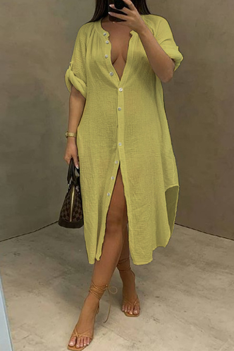 

Yellow Casual Solid Split Joint Turndown Collar Shirt Dress Dresses