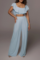 Baby Blue Sexy Solid Patchwork Off the Shoulder Short Sleeve Two Pieces