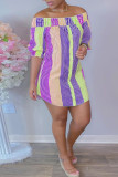 Пурпурные повседневные прямые платья в полоску в стиле пэчворк с открытыми плечами
