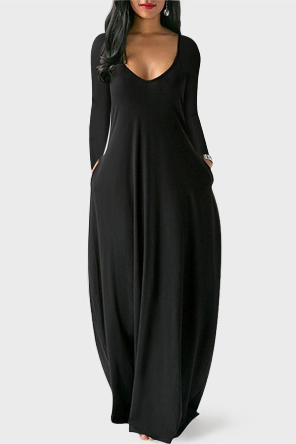 ブラック ファッション カジュアル ソリッド ポケット V ネック ロング スリーブ ドレス