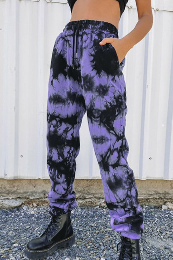 Pantaloni Harlan a vita alta con stampa tie-dye patchwork viola