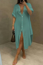 Голубое повседневное однотонное платье-рубашка в стиле пэчворк с отложным воротником Платья Платья