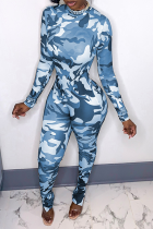 Blauwe sexy camouflageprint patchwork halve col skinny jumpsuits