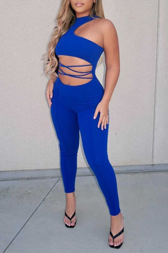 Blue Sexy Solid Patchwork Halter Skinny Jumpsuits