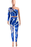 Royal Blue Sexy Patchwork Tie-dye One Shoulder Long Sleeve Two Pieces