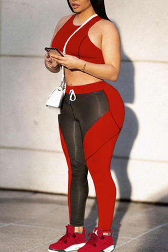 Red Sportswear Solid Patchwork Contrast O Neck Sleeveless Two Pieces
