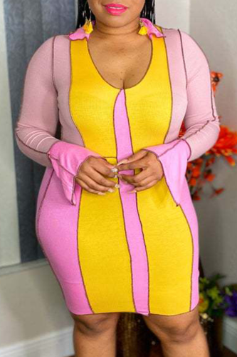 Roze geel sexy effen patchwork O-hals kokerrok plus maten jurken