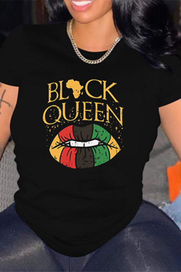 Zwarte mode casual brief lippen bedrukte basic O-hals T-shirts