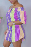 Paarse casual gestreepte patchwork off-shoulder rechte jurken