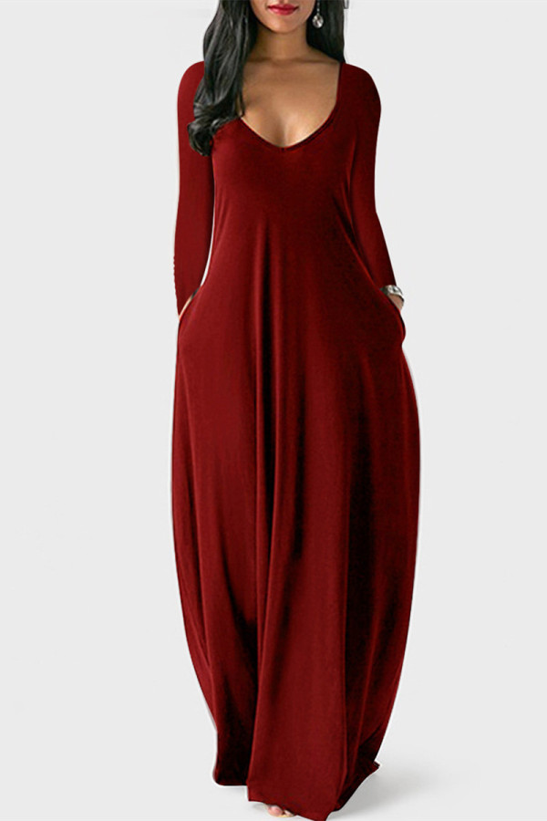 Vinröd Mode Casual Solid Pocket V-hals långärmade klänningar