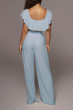 Baby Blue Sexy Solid Patchwork Off the Shoulder Short Sleeve Two Pieces