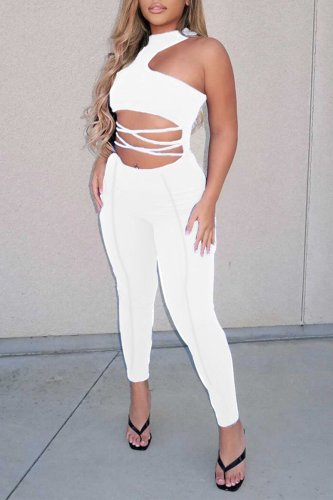 White Sexy Solid Patchwork Halter Skinny Jumpsuits