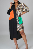 Robe chemise décontractée à imprimé léopard, Patchwork, col rabattu, robes de grande taille