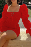 Vestidos de falda de lápiz de cuello cuadrado con volante sólido sexy rojo