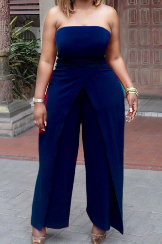 Dark Blue Celebrities Solid Patchwork Asymmetrical Strapless Straight Jumpsuits