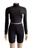 Black Casual Solid Patchwork Turtleneck Nine Points Sleeve Two Pieces
