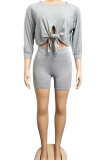 Grey Casual Solid Bandage Patchwork O Neck Half Sleeve Two Pieces