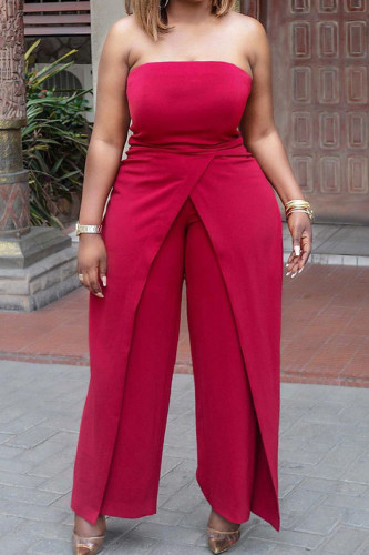 Red Celebrities Solid Split Joint Asymmetrical Strapless Straight Jumpsuits