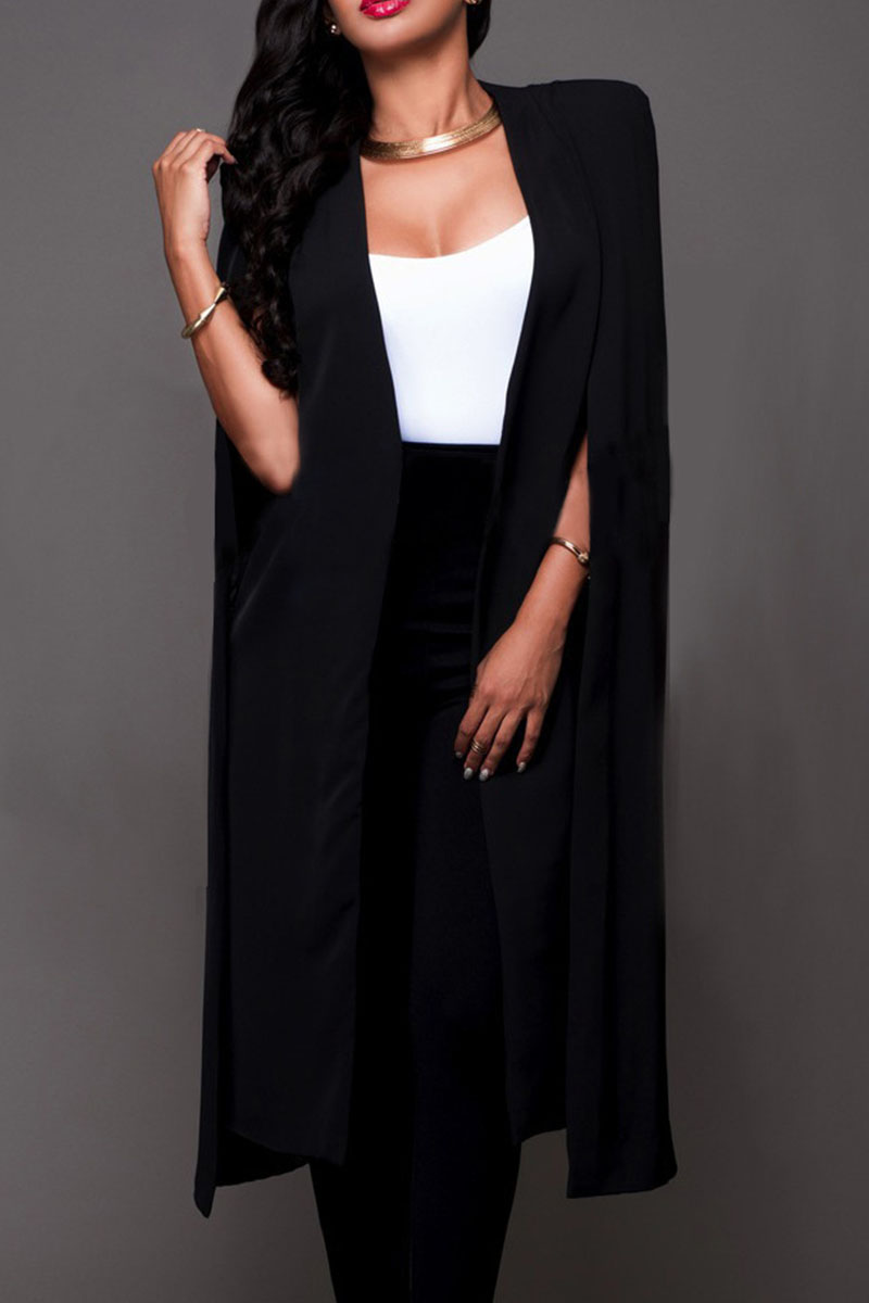 

Black Work Solid Hollowed Out Split Joint Turn-back Collar Outerwear