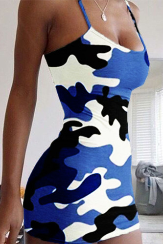 Синий сексуальный камуфляж печати пэчворк спагетти ремень юбка-карандаш платья