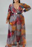 Brown Red Sexy Print Patchwork V Neck Plus Size Jumpsuits