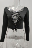Black Sexy Solid Bandage Hollowed Out Patchwork U Neck Tops