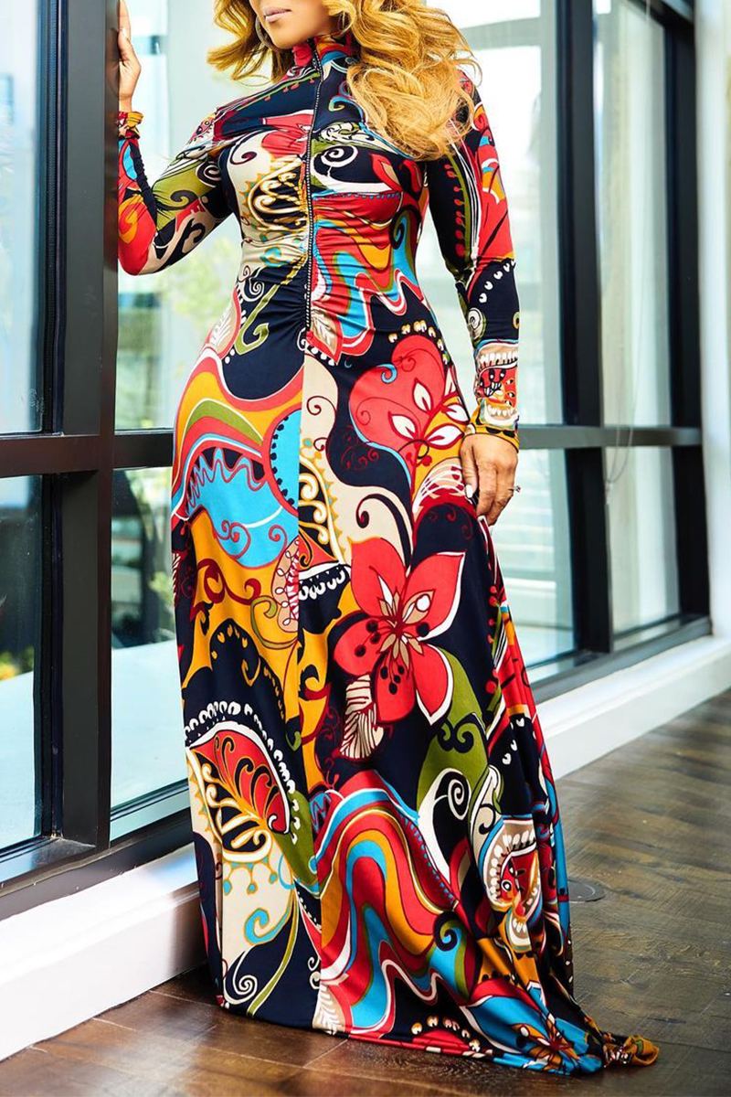 

Red Sexy Print Split Joint Turtleneck Irregular Dress Dresses