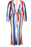 Red Casual Striped Patchwork V Neck Plus Size Jumpsuits