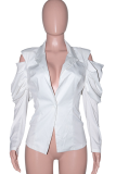 White Casual Solid Patchwork V Neck Outerwear