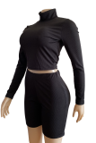 Black Casual Solid Patchwork Turtleneck Nine Points Sleeve Two Pieces