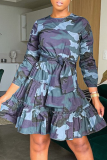 Vert Casual Print Patchwork O Neck Cake Jupe Robes