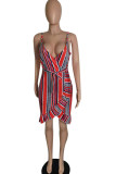 Red Casual Striped Print Bandage Patchwork Flounce Asymmetrical V Neck A Line Dresses