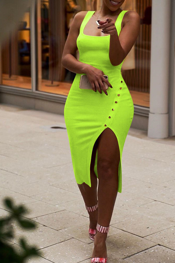 Ljusgrönt Mode Sexiga Solida Asymmetriska Slip Asymmetriska Klänningar